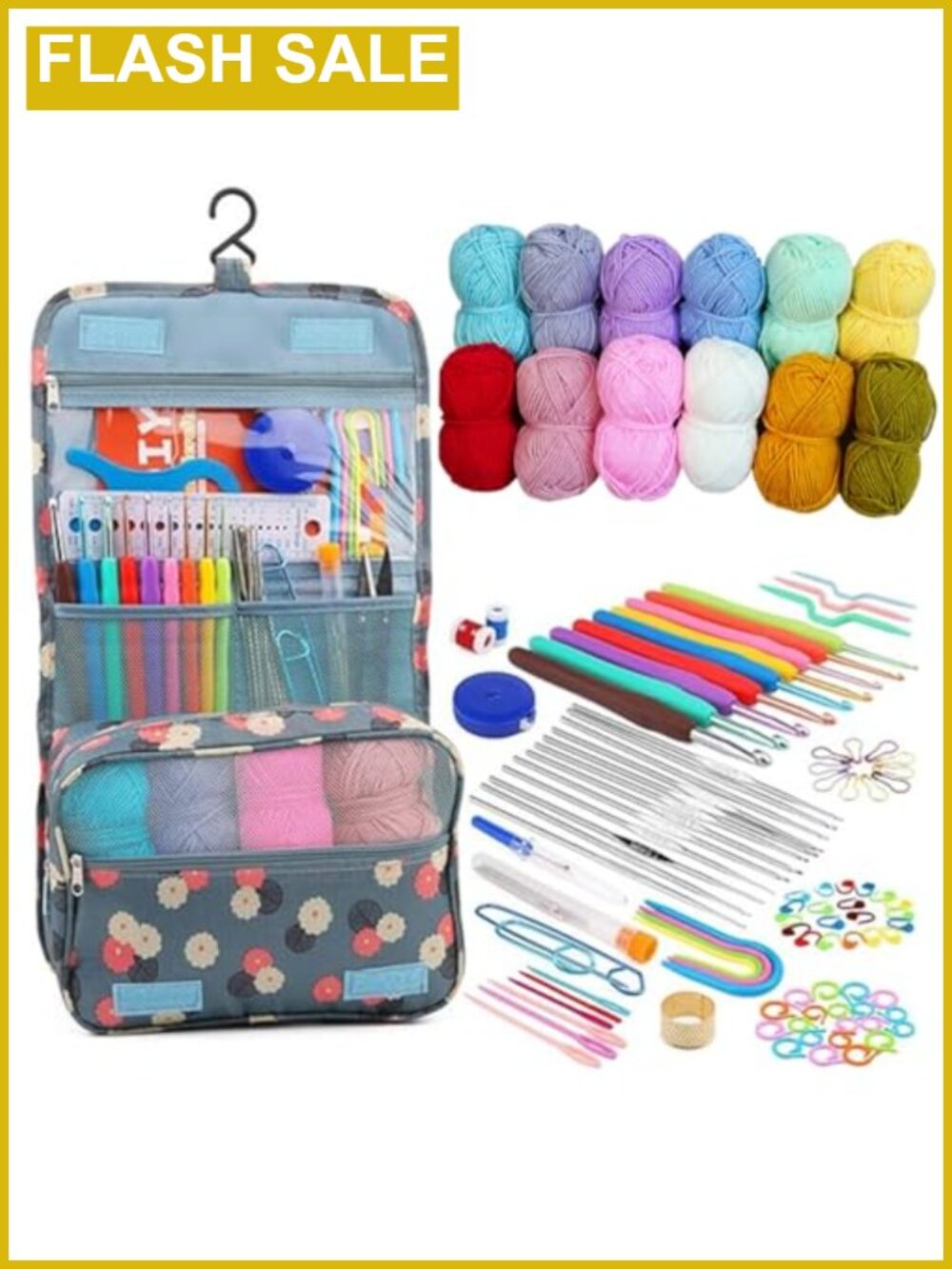 118pc Crochet Kit for Beginners 12 Yarn Spools Hooks Needles Storage Case